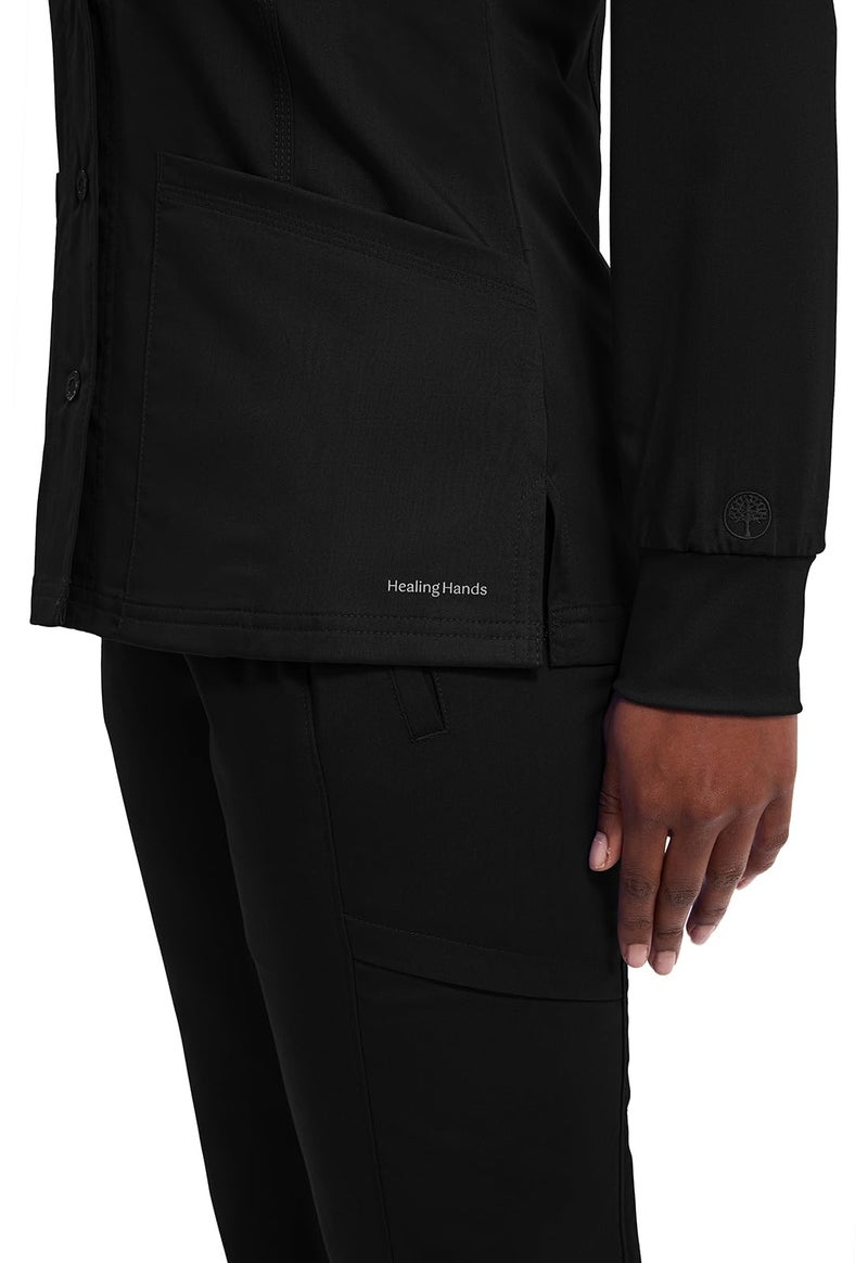 Healing Hands Women's Snap Front Scrub Jacket Daisy 2-Way Stretch Uniform 5063 Black XL - Image 4